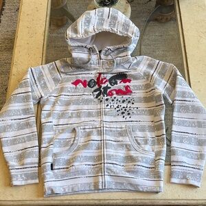 VOLCOM Gray & White Striped Hooded Zip-Up with Red & Blk Graphic Embroidered